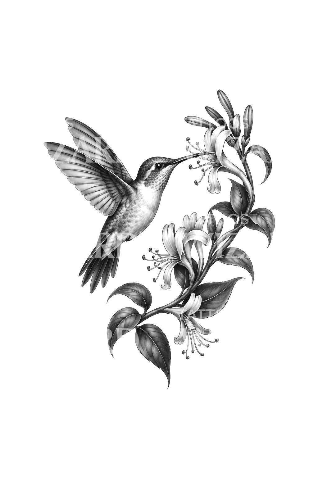 Hummingbird at Honeysuckle Black and Grey Tattoo Design