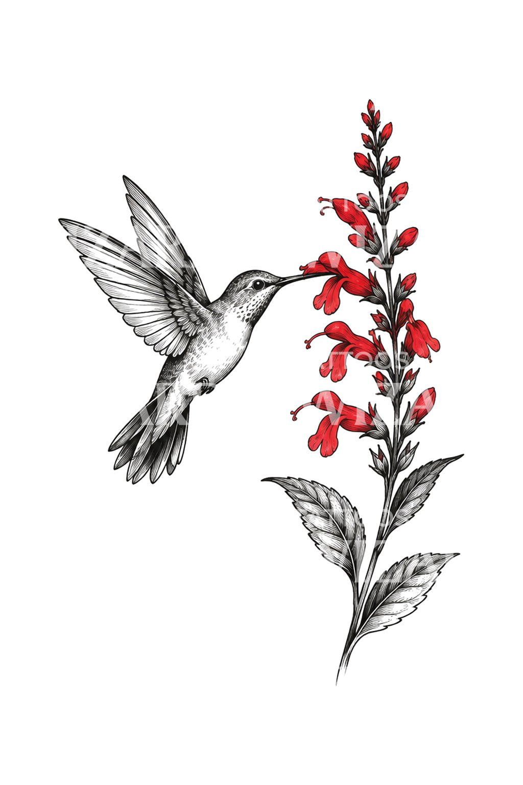 Tatoveringsidé med blekkskisse av kolibri ved rød salvie