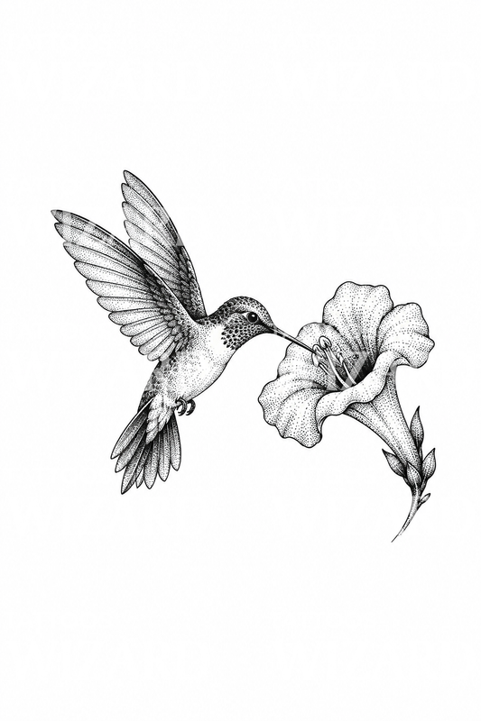 Kolibri ved trompetblomst, dotwork-tatovering