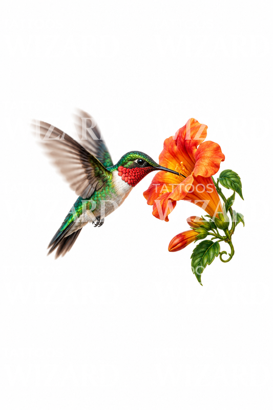 Hummingbird at Trumpet Vine Tattoo Design