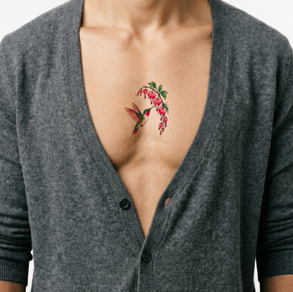 Tatuaggio watercolor colibrì con fiori cuore sanguinante