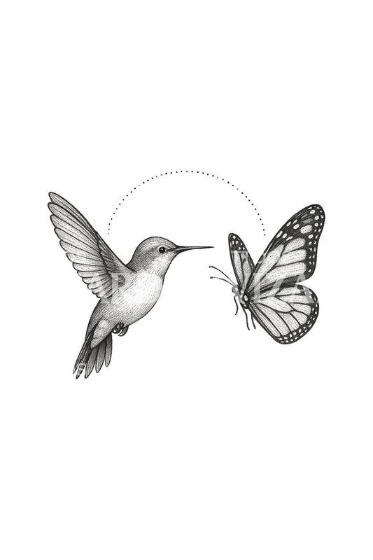 Hummingbird Butterfly Meeting Tattoo Design