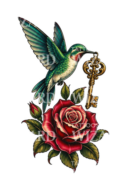 Hummingbird Carrying a Key Tattoo Design