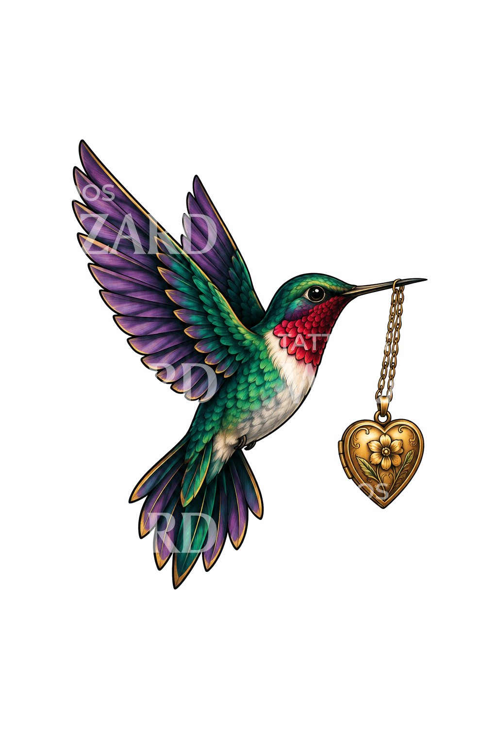 Kolibri med hjertevedhæng tatoveringsdesign