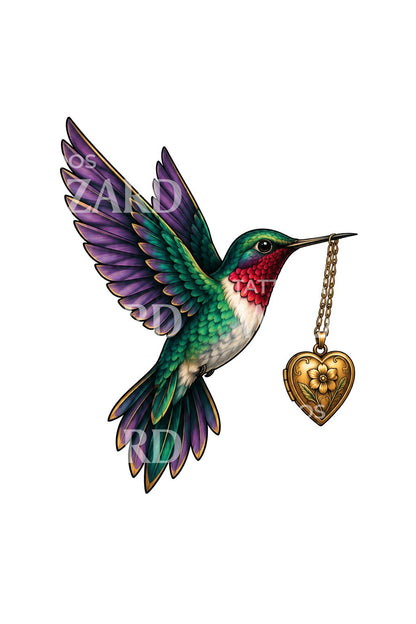 Kolibri med hjertevedhæng tatoveringsdesign