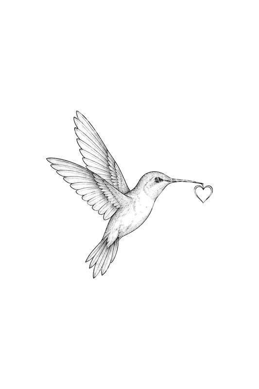 Kolibri som bär ett litet hjärta i fine line