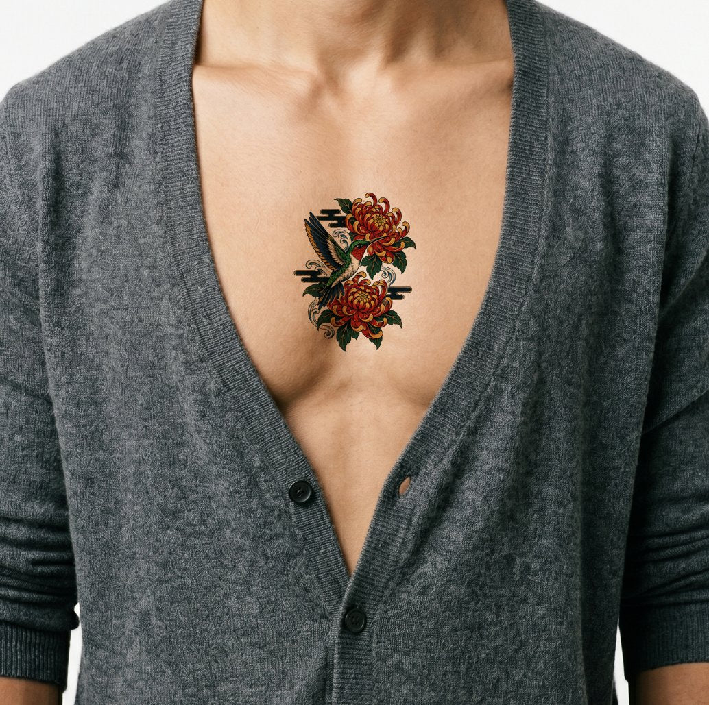Kolibri bland japanska krysantemum, tatueringsdesign