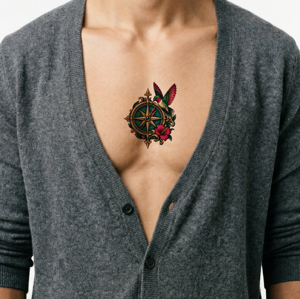 Desain Tato Burung Kolibri dan Mawar Kompas