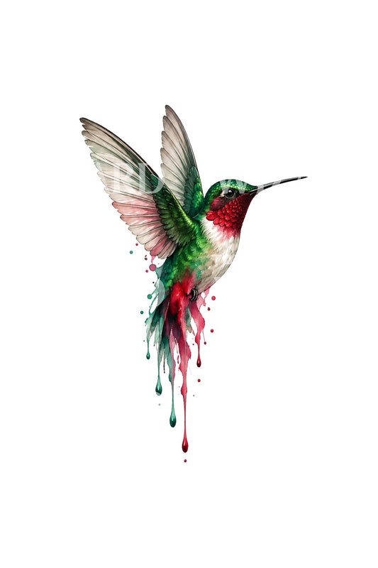 Akvarelltatuering med kolibri som löses upp i pigment