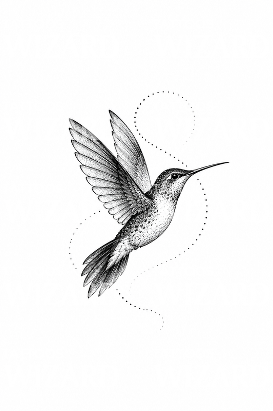 Pontozott röppályás kolibris dotwork tetoválás