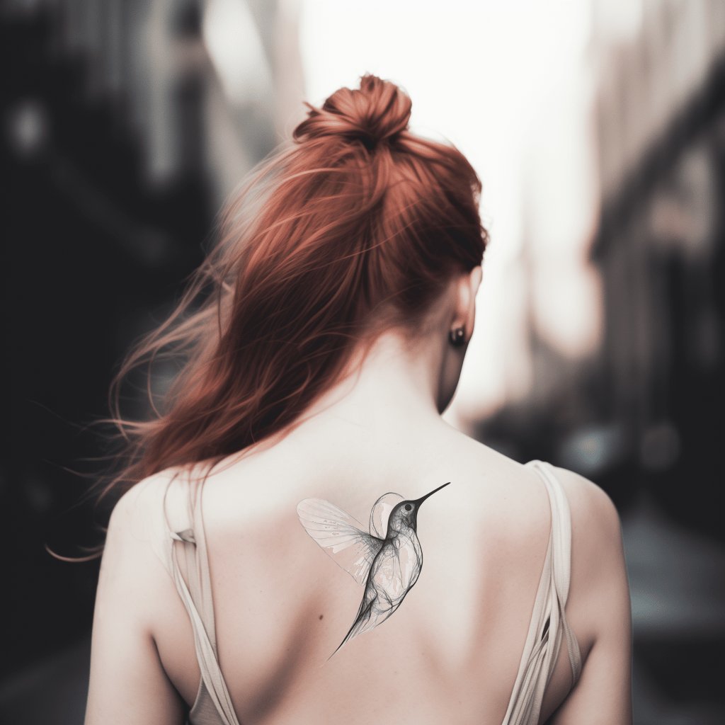 Glasswing Hummingbird Fineline Tattoo Design