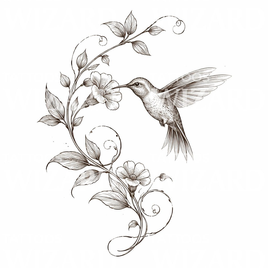 Hummingbird Floral Tattoo Design