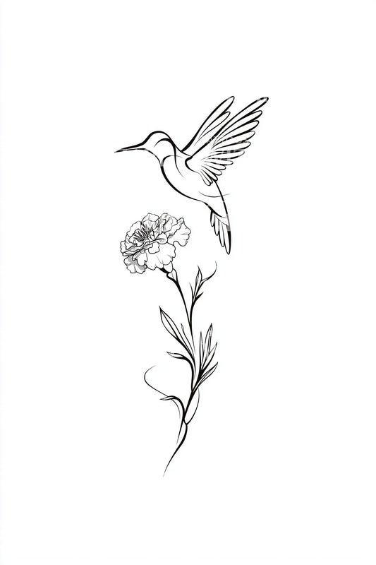蜂鸟花卉线条纹身设计