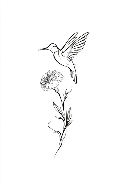 ハチドリの花のラインタトゥーデザイン