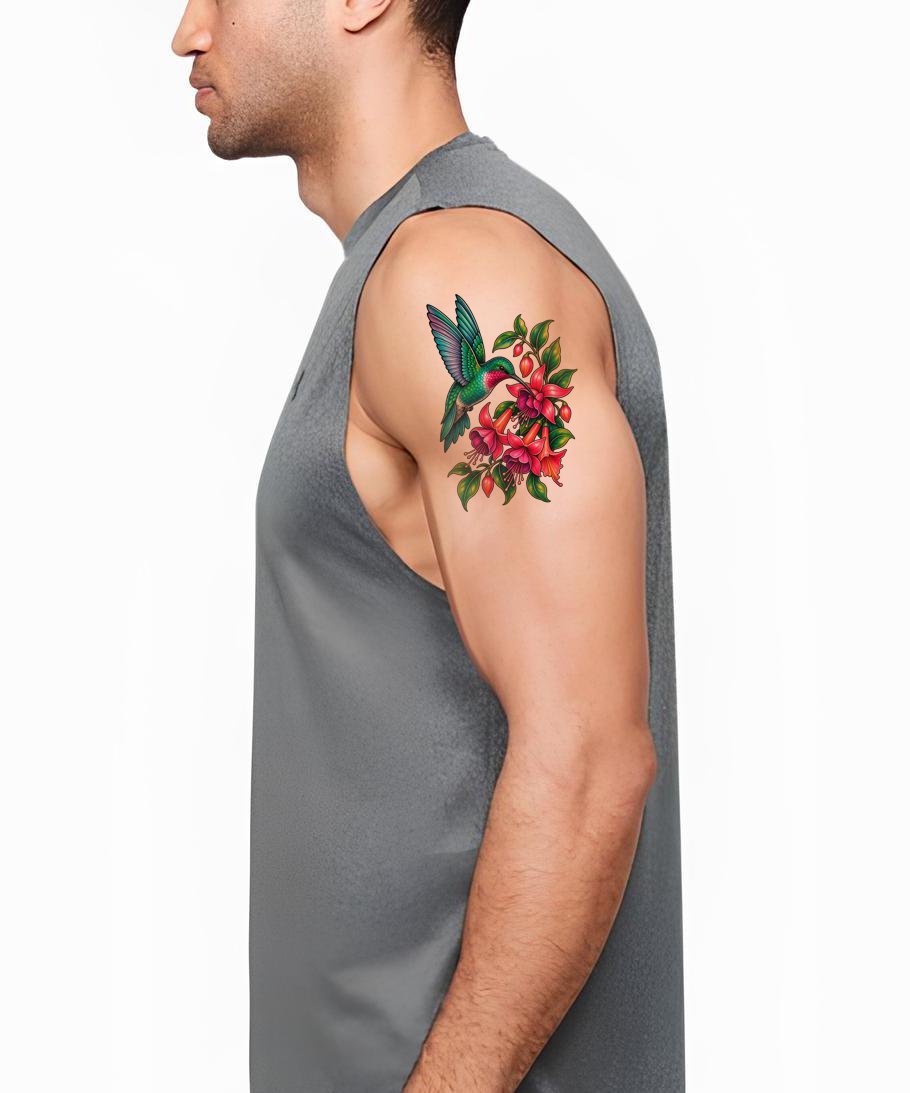 Hummingbird and Fuchsia Flowers Tattoo Design