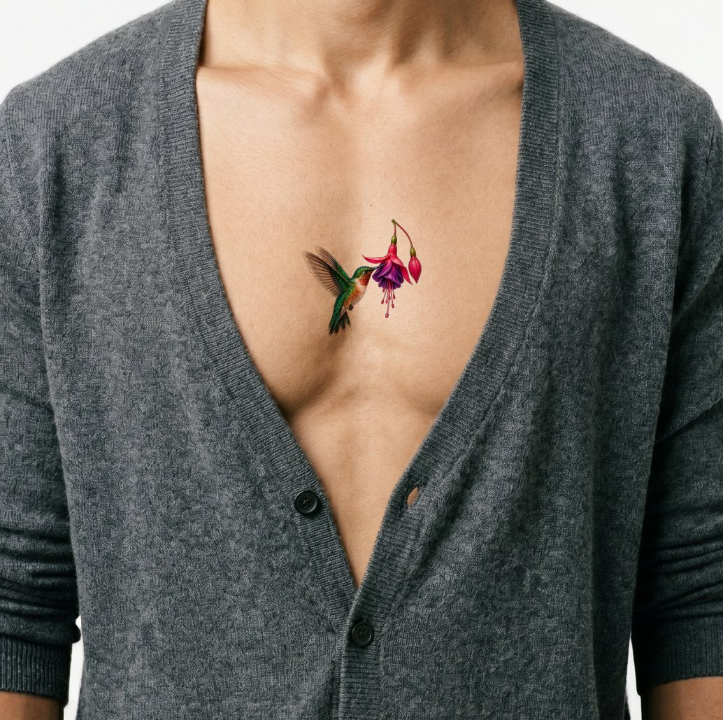 Hummingbird and Fuchsia Color Realism Tattoo Design