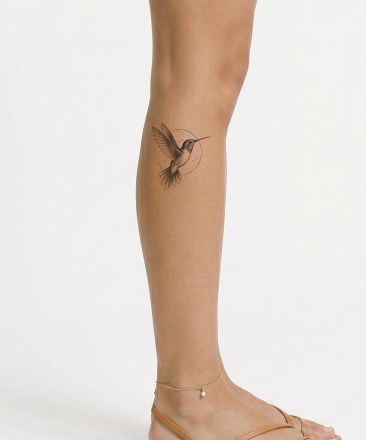 Stiplet tatoveringsdesign med kolibri i hexagoncirkel