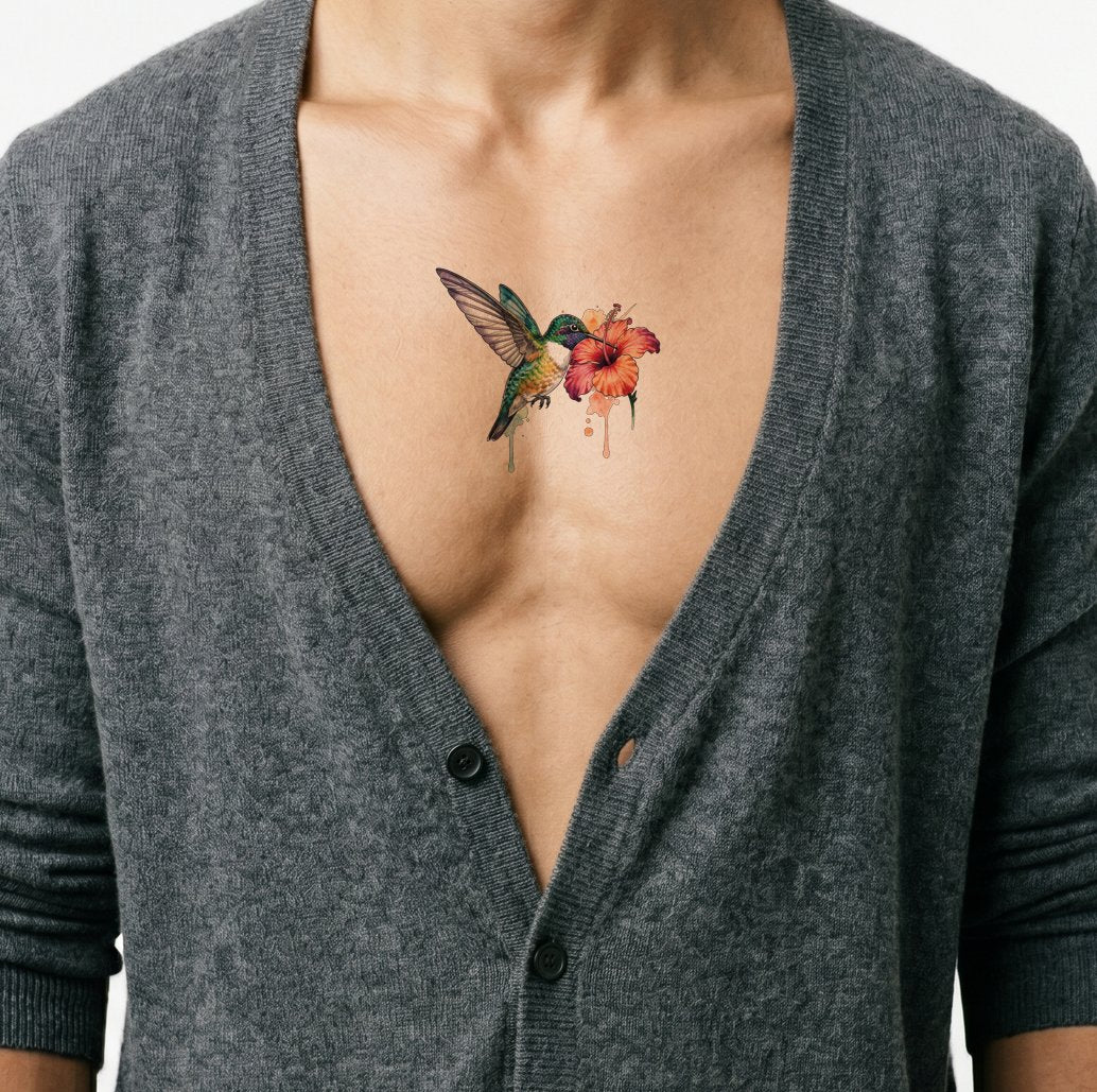 Watercolor Hummingbird and Hibiscus Tattoo Idea