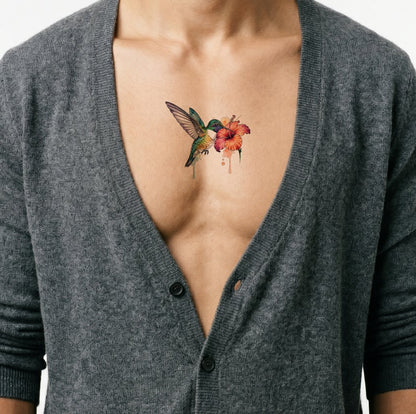 Watercolor Hummingbird and Hibiscus Tattoo Idea