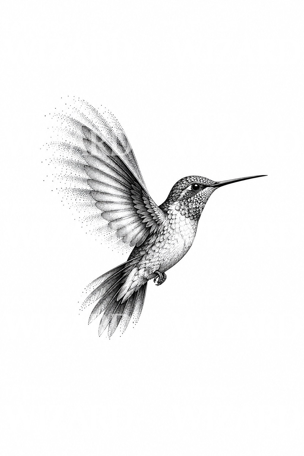 Kolibri i flukt, dotwork-tatovering