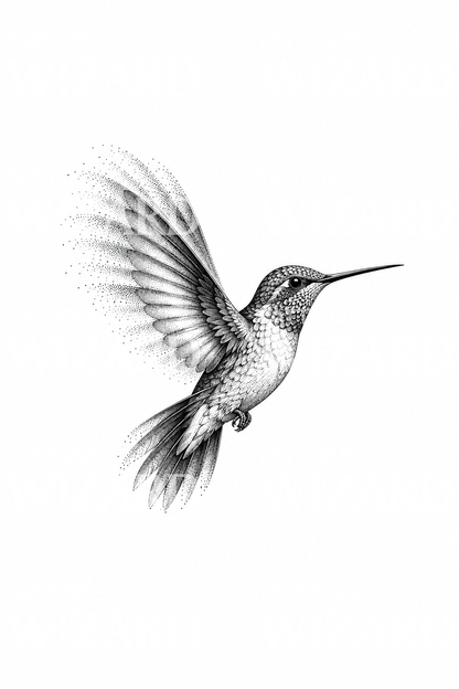 Kolibri i flukt, dotwork-tatovering