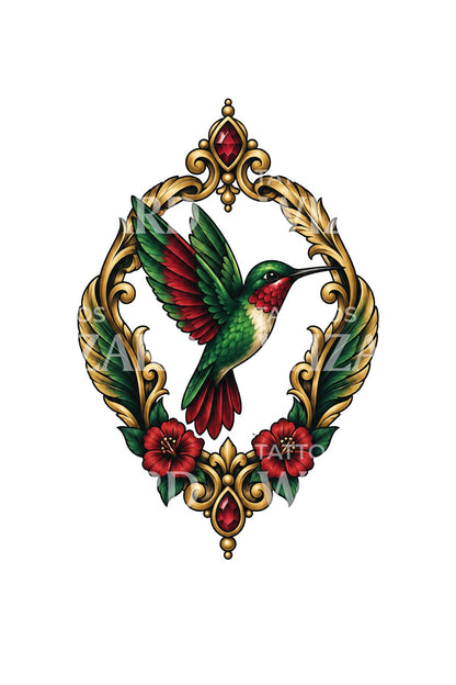 Diseño de tatuaje de colibrí en relicario de filigrana dorada