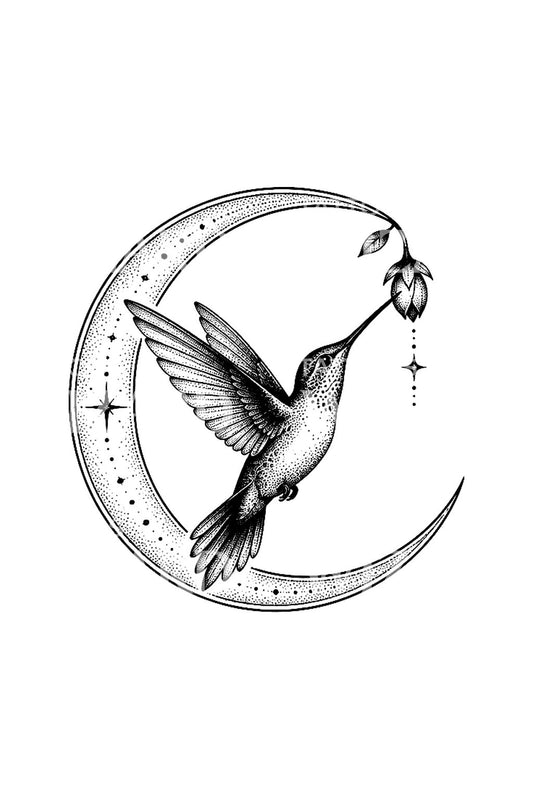 Hummingbird in Stippled Crescent Tattoo Design
