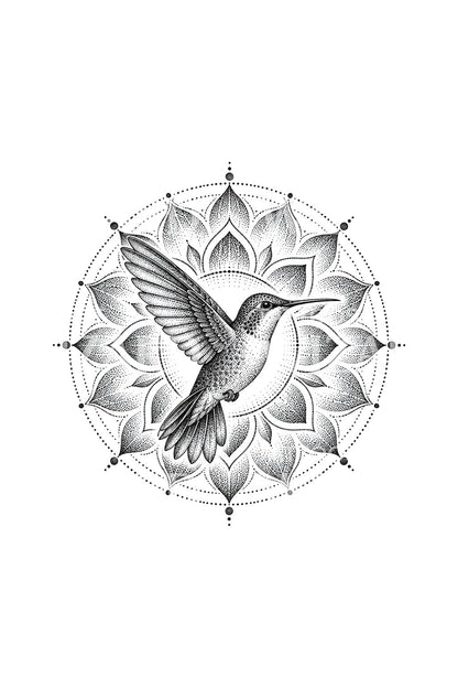 Kolibri-mandala dotwork-tatuointiin