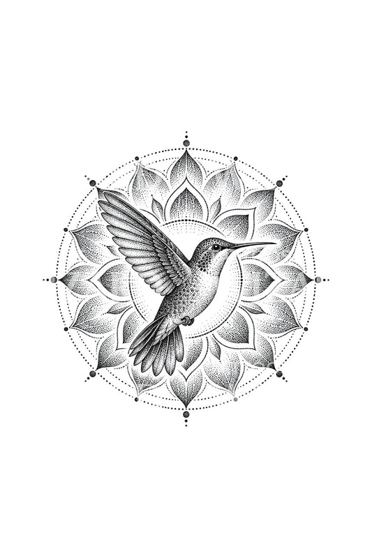 Kolibri-mandala dotwork-tatuointiin