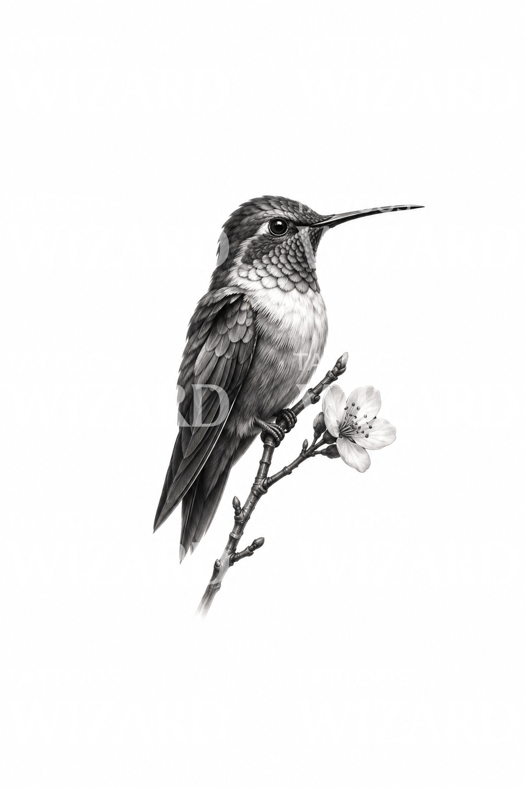 Desenho de tatuagem de beija-flor num ramo florido