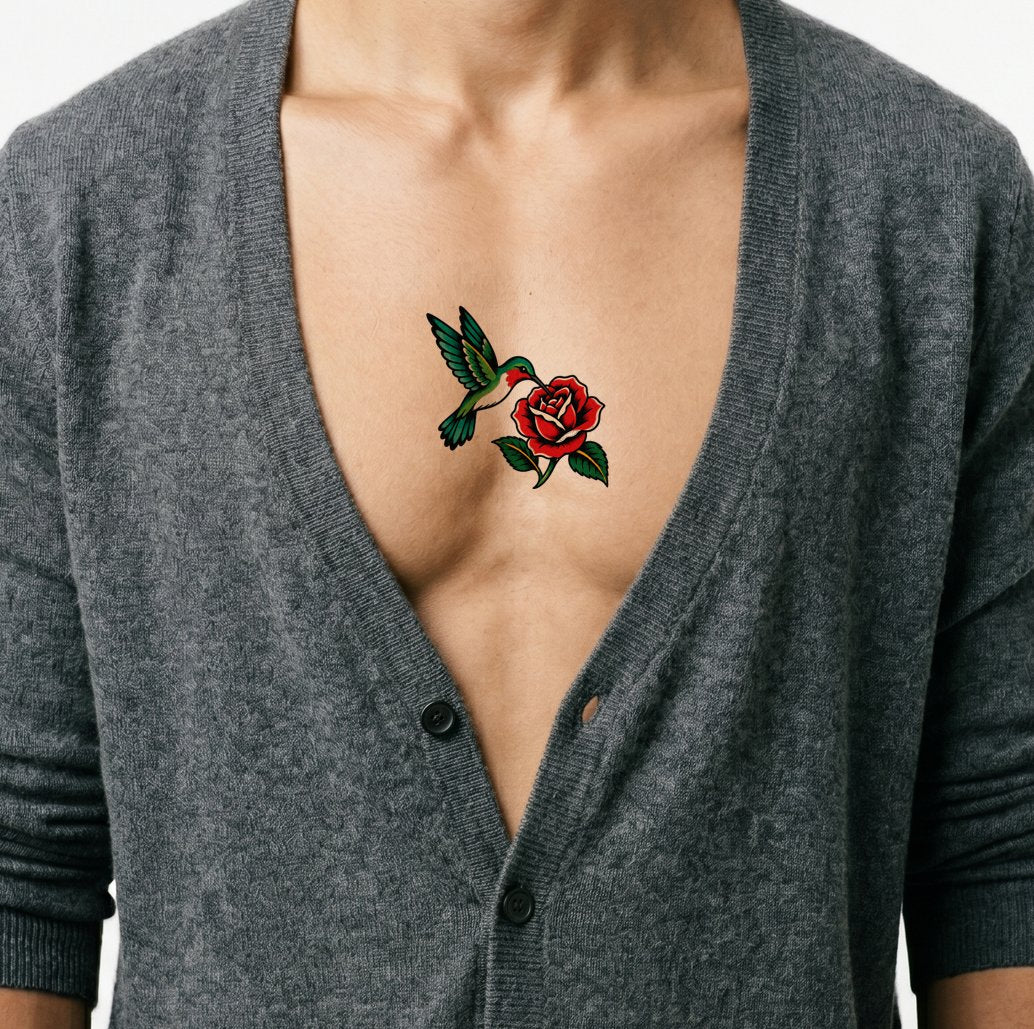 Traditionel tatovering af en kolibri, der drikker af en rose