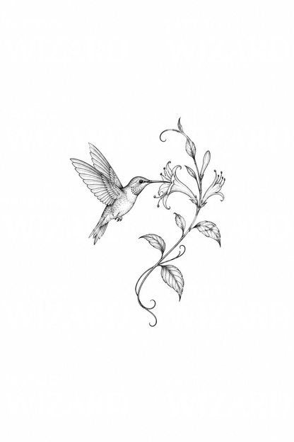 Hummingbird Sipping Honeysuckle Fine Line Tattoo