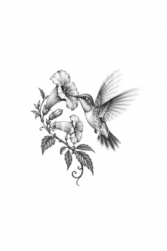 Kolibri mengisap bunga terompet, ide tato dotwork