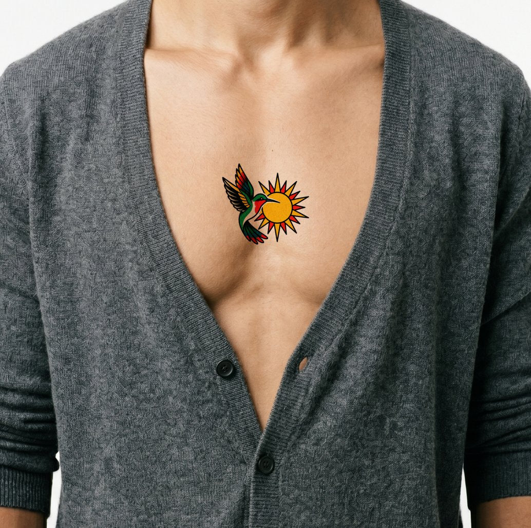 Traditional Hummingbird and Radiant Sun Tattoo Design