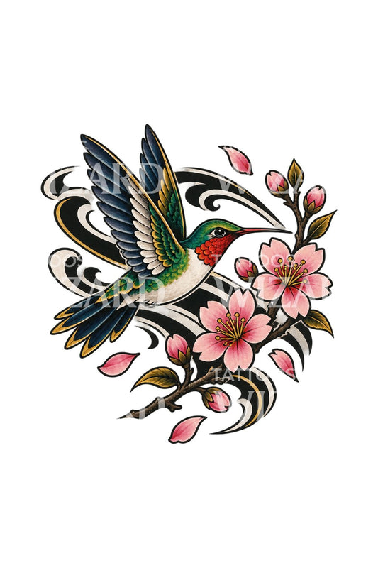 穿过樱花风带的蜂鸟纹身插画