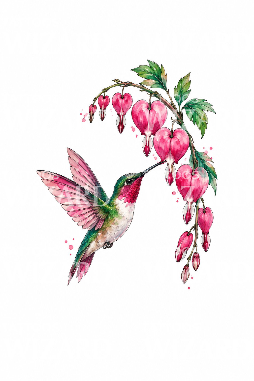 Tatuaggio watercolor colibrì con fiori cuore sanguinante