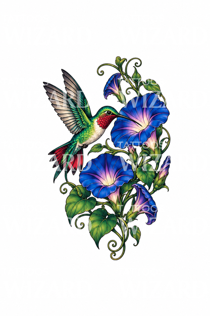 Neo traditional tatoveringsidé med kolibri og pragtsnerler