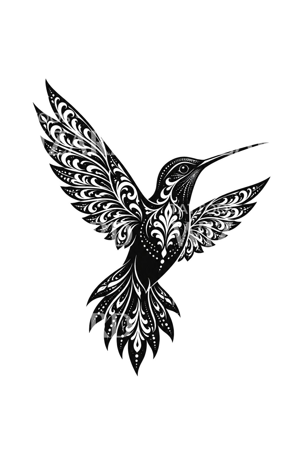 Hummingbird with White Filigree Wings Blackwork Tattoo Design