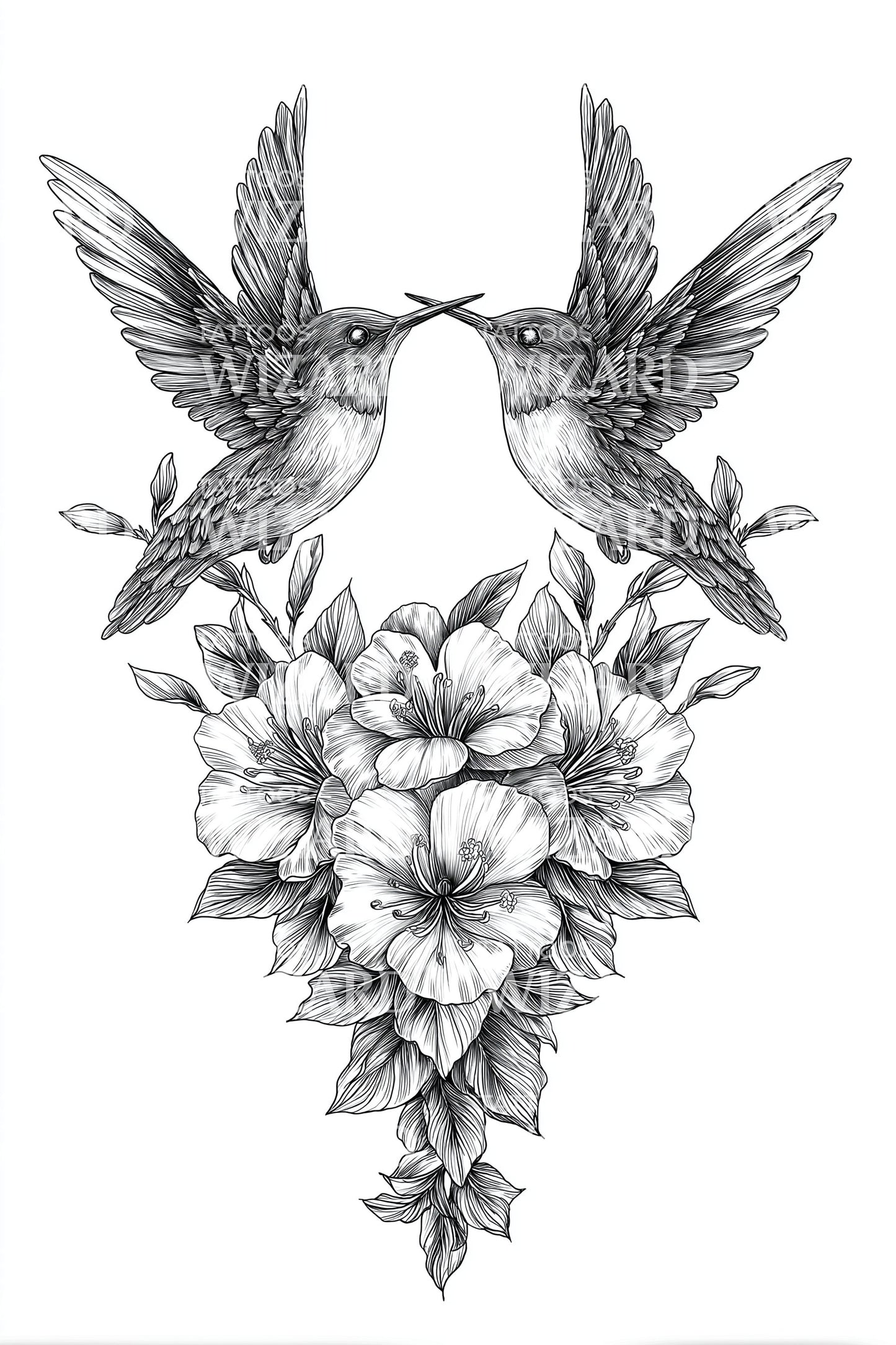 Hummingbirds Floral Heart Tattoo Illustration