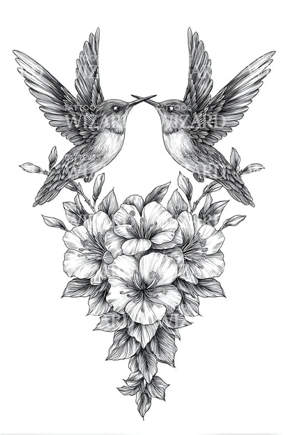 Hummingbirds Floral Heart Tattoo Illustration