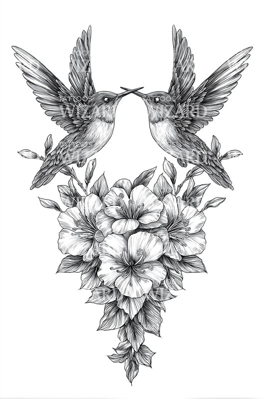 Hummingbirds Floral Heart Tattoo Illustration
