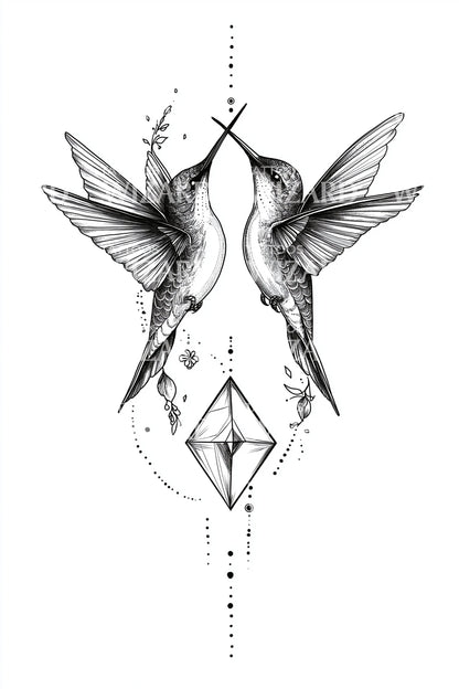 Hummingbirds with Crystal Tattoo Design