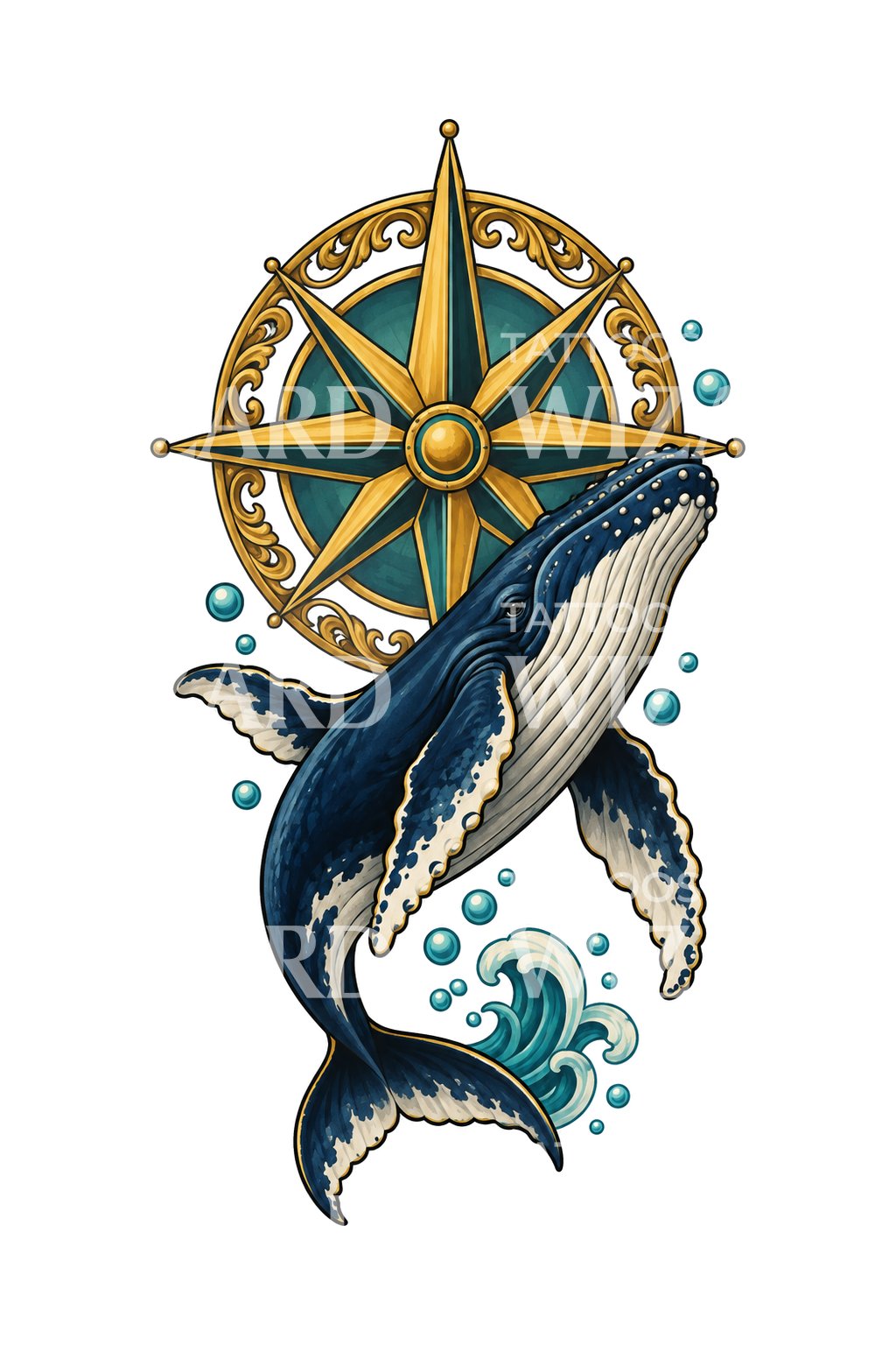 Humpback Whale and Compass Rose Tattoo Design