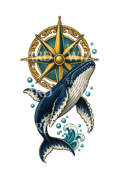 Humpback Whale and Compass Rose Tattoo Design