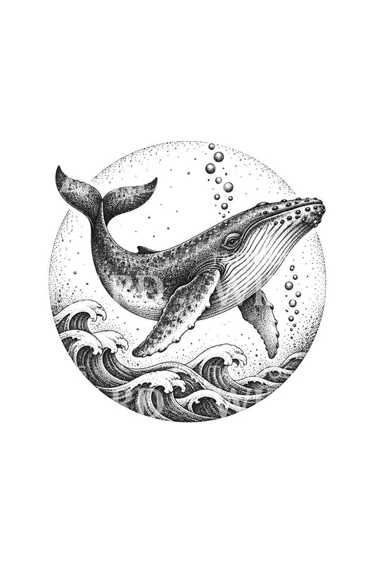 Humpback Whale Stippled Circle Tattoo Design