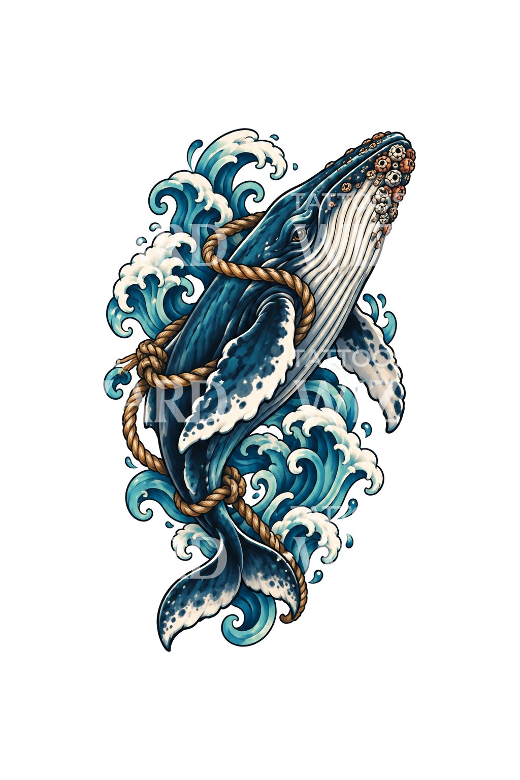 Humpback Whale with Sailor Rope Tattoo Design
