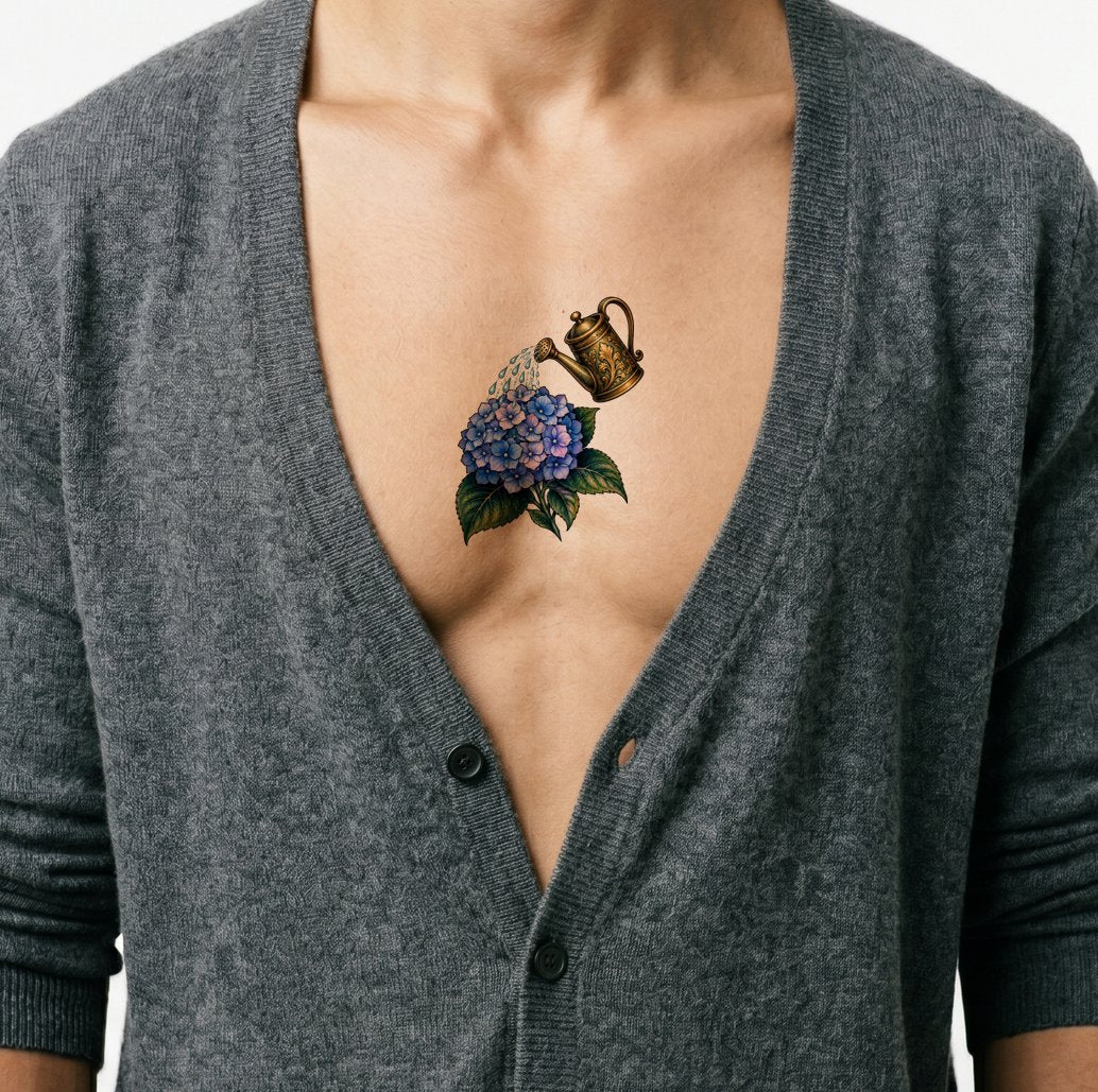 Blue Hydrangea and Brass Watering Can Tattoo Design