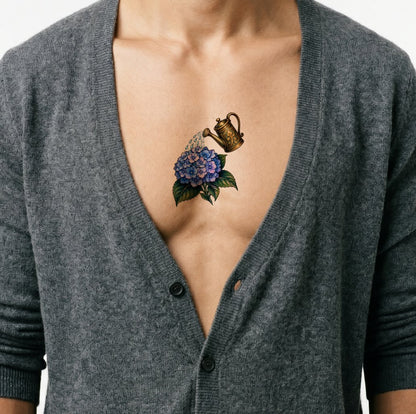 Blue Hydrangea and Brass Watering Can Tattoo Design