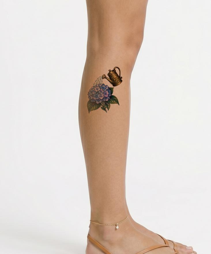 Blue Hydrangea and Brass Watering Can Tattoo Design