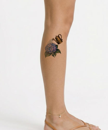 Blue Hydrangea and Brass Watering Can Tattoo Design